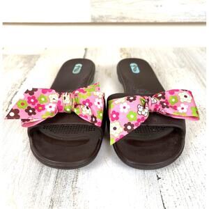 Oka-B Madison Brown Pink Floral Bow Slide Sandals Womens M/L NEW Casual